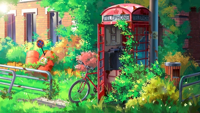 Abandoned telephone booth with bicycle and barrels