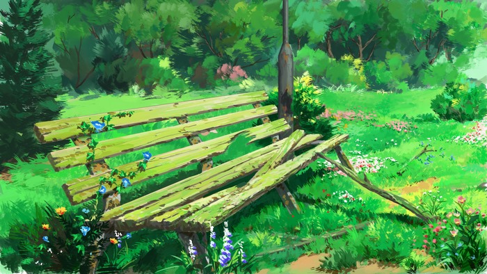 A weathered wooden bench in a sunlit garden