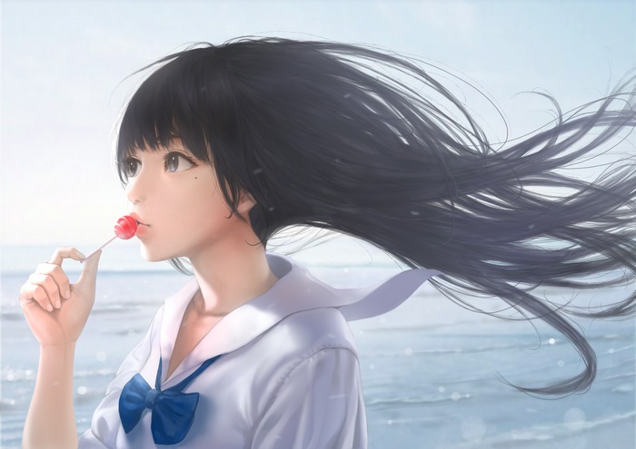Girl with lollipop on the beach 4K