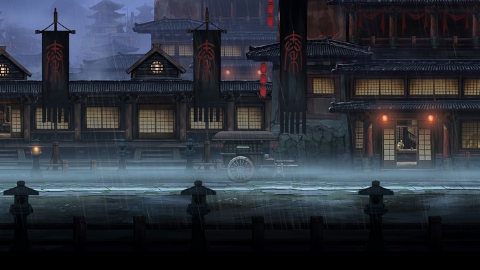 Traditional Japanese village in the rain