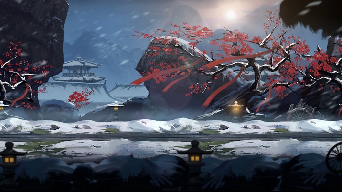 Winter Japanese Landscape with Cherry Blossoms