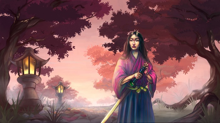 Samurai woman with katana in garden