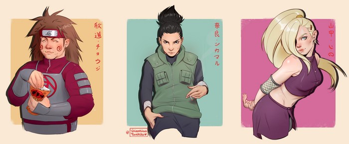 Chōji Akimichi, Shikamaru Nara, and Ino Yamanaka from Naruto