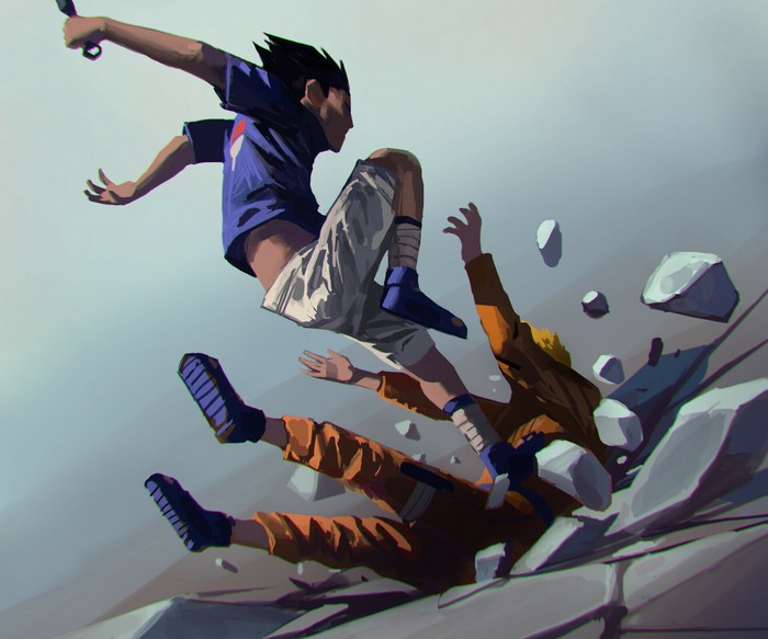 Naruto Uzumaki and Sasuke Uchiha fighting