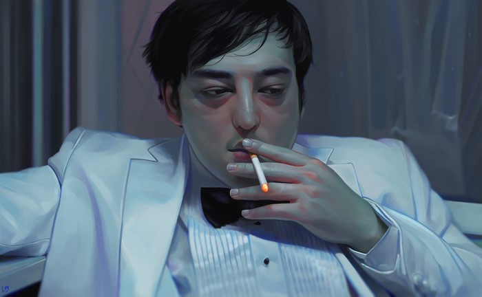 Joji in a white suit smoking a cigarette