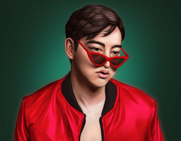 Joji wearing red sunglasses and jacket