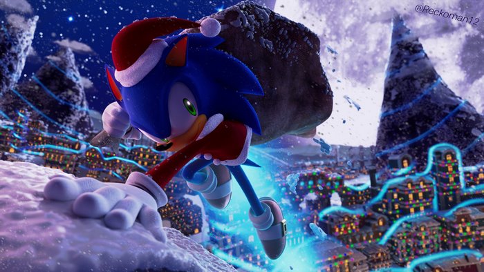 Sonic the Hedgehog in Santa Hat with Gift Bag in Snowy City