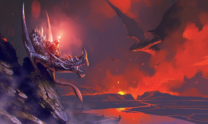 Warrior riding a dragon with other dragons in a fiery sky