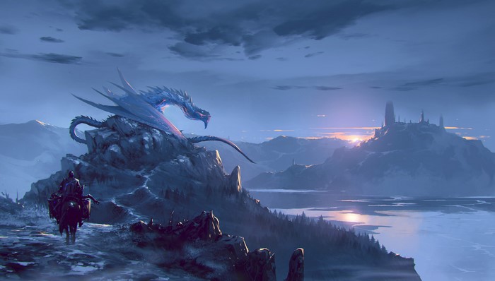 Dragon on a cliff with a knight and a castle