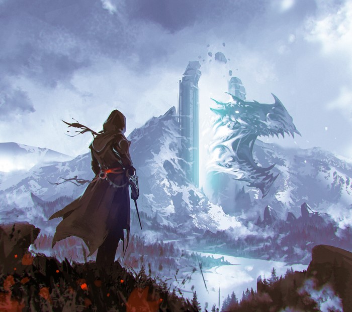 Fantasy warrior facing a dragon portal in snowy mountains