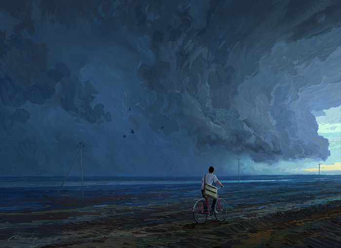 Man on bicycle facing storm clouds over water