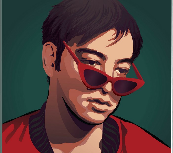 Joji wearing red sunglasses