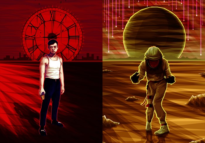 Joji in front of a clock and a person in a spacesuit on a planet