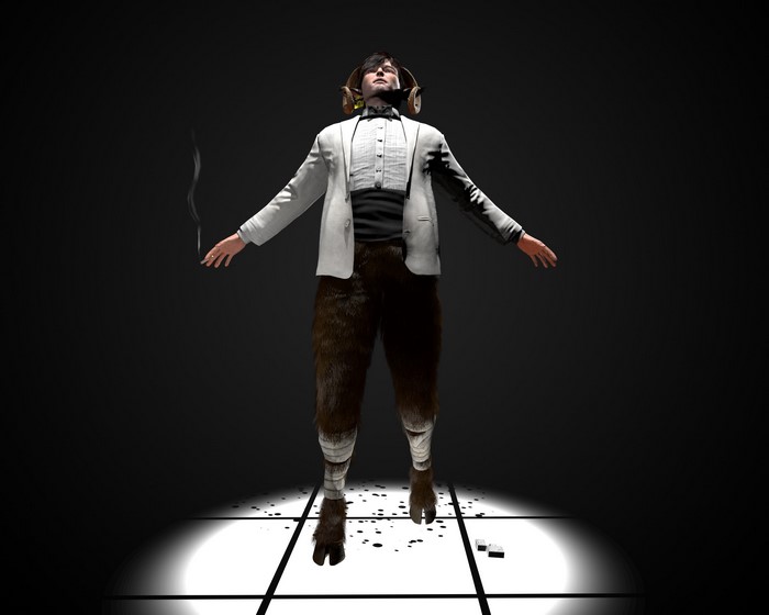 Joji in a white suit with goat legs smoking