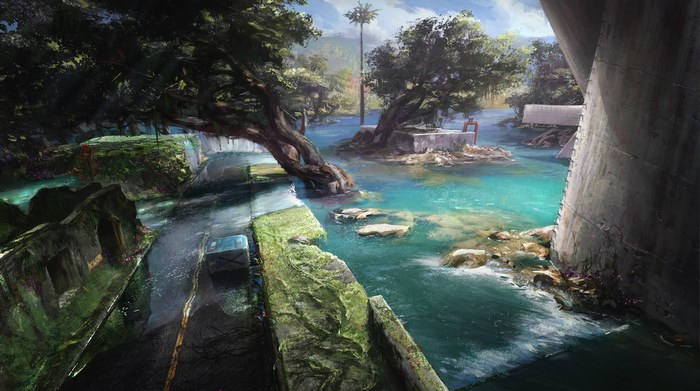 Flooded road with overgrown vegetation and a large concrete structure