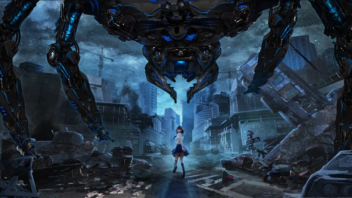 Giant Robot and Girl in Destroyed City