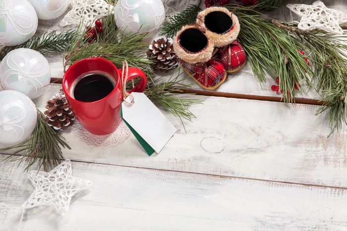Christmas Still Life with Coffee Cup and Ornaments