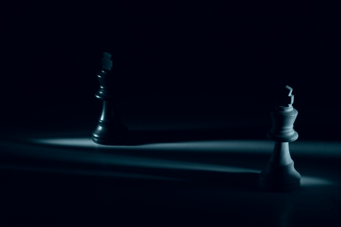 Two chess kings in dramatic lighting