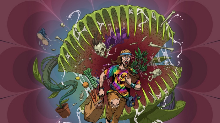 Man running from giant Venus flytrap with bones and plants