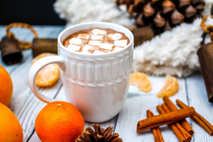 Hot Chocolate with Marshmallows and Cinnamon Sticks