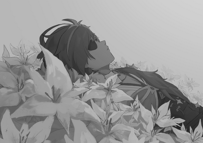 Kaeya from Genshin Impact lying in flowers