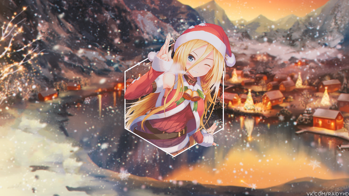 Anime girl in Santa outfit with Christmas village background 4K