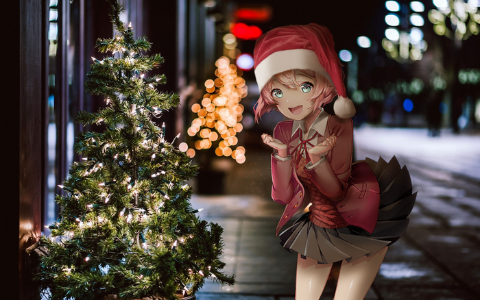 Anime girl with Santa hat and Christmas tree