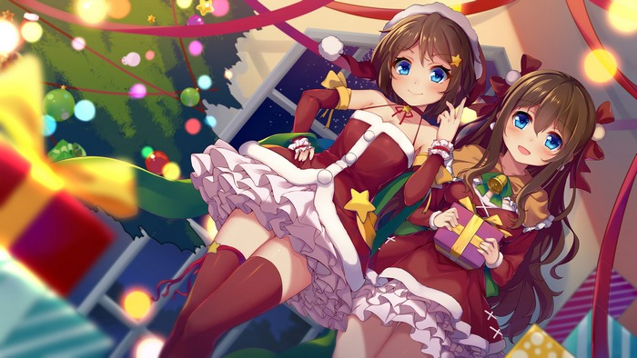 Two anime girls in Christmas outfits with presents
