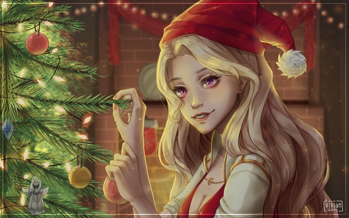 Woman in Santa Hat decorating Christmas Tree