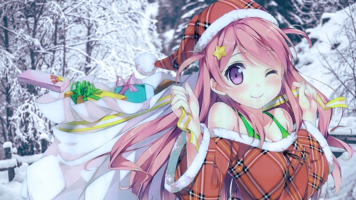 Anime girl with pink hair in Christmas outfit holding gifts