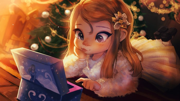 Girl looking at a music box near a Christmas tree