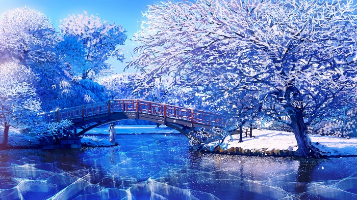 A snowy Japanese garden with a bridge over icy water