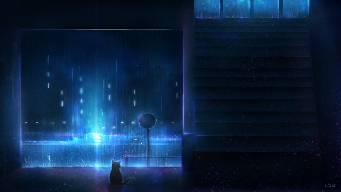 Cat sitting in front of a rainy city at night