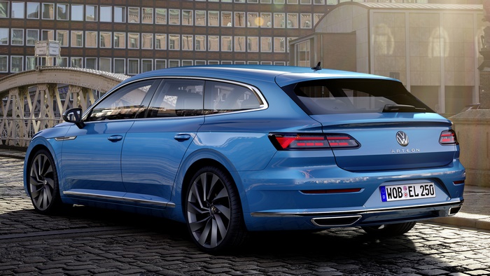 Blue 2020 Volkswagen Arteon Shooting Brake parked on cobblestone street