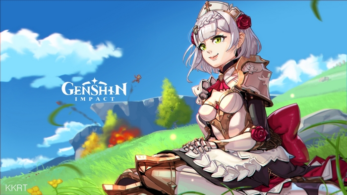 Noelle from Genshin Impact sitting in a field