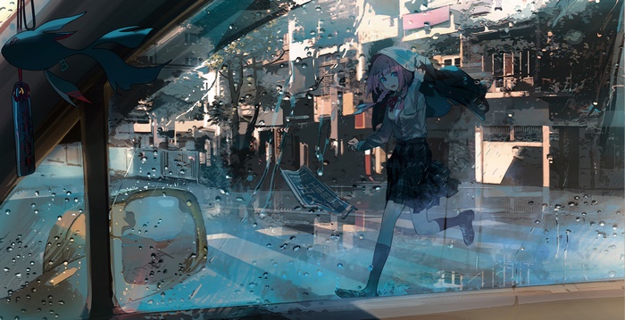 Girl in rain running with bag