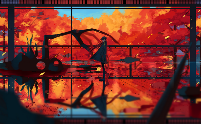 A person stands in a room with a fiery autumn landscape outside