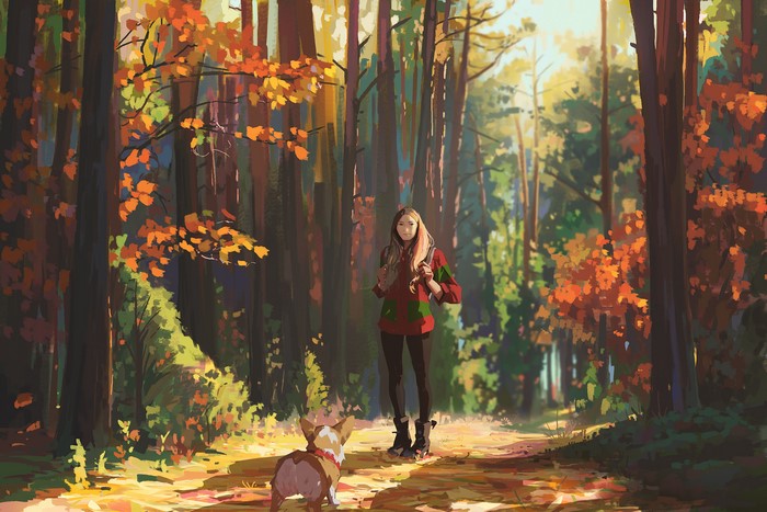 Girl and dog walking in a sunlit forest during autumn