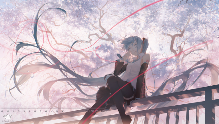 Hatsune Miku sitting on a railing with cherry blossoms