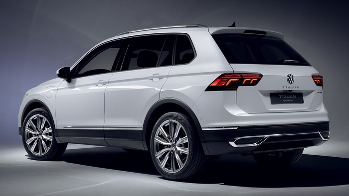 White Volkswagen Tiguan eHybrid SUV rear view