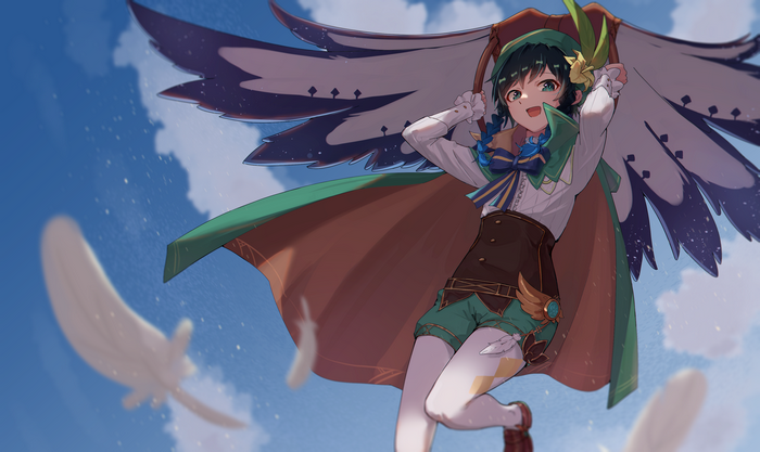 Venti from Genshin Impact flying with wings
