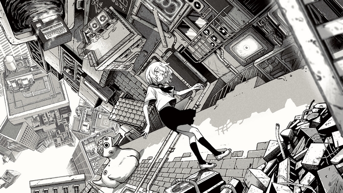 Girl in School Uniform in Surreal Cityscape