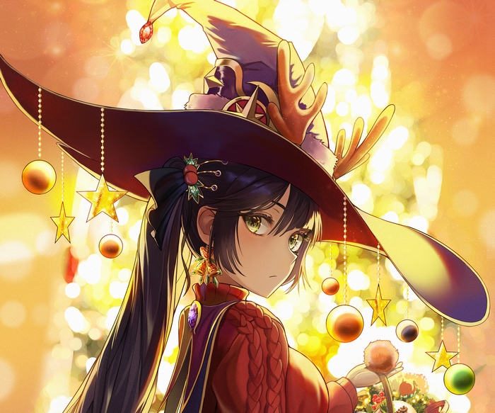 Mona from Genshin Impact in a witch hat