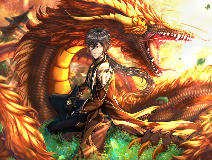 Zhongli and a dragon from Genshin Impact