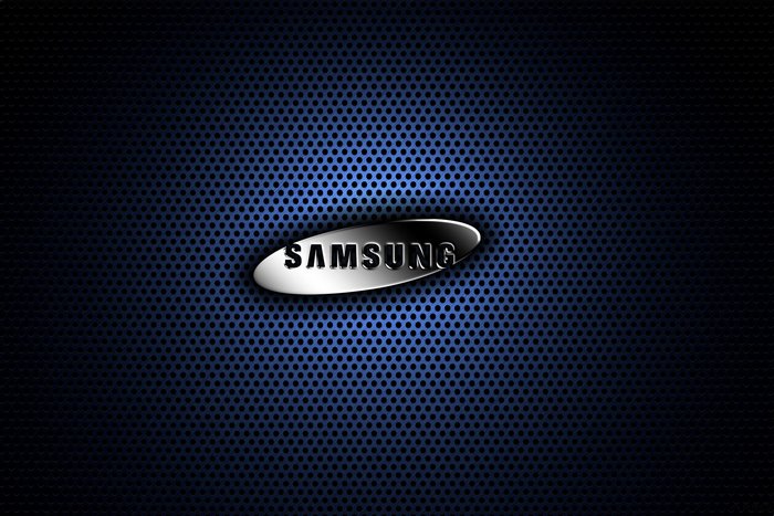 Samsung logo on a blue perforated background