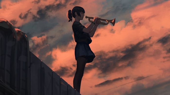 Girl playing trumpet on rooftop at sunset