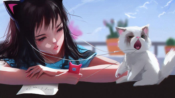 Girl with cat ears listening to music with a cat