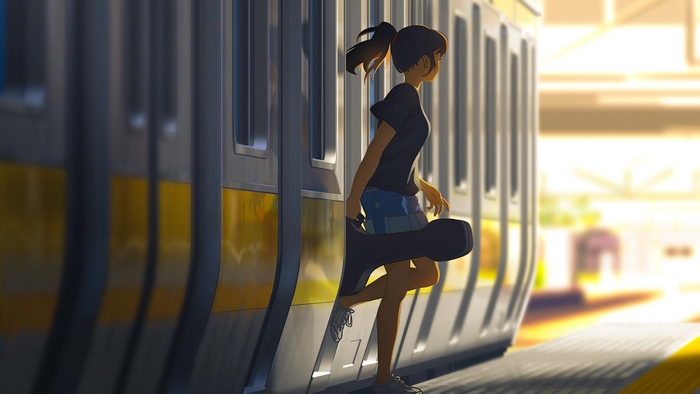 Girl with guitar exiting a train at a station