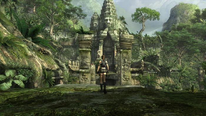 Lara Croft in front of a jungle temple