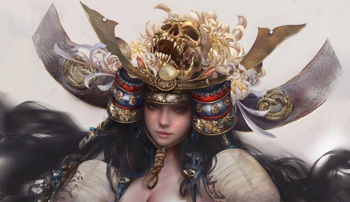 Woman warrior with skull helmet and flowers
